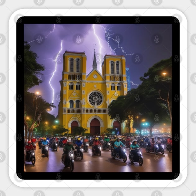 Iconic World Landmarks During A Thunderstorm: Norte Dame Cathedral Saigon Sticker by Musical Art By Andrew